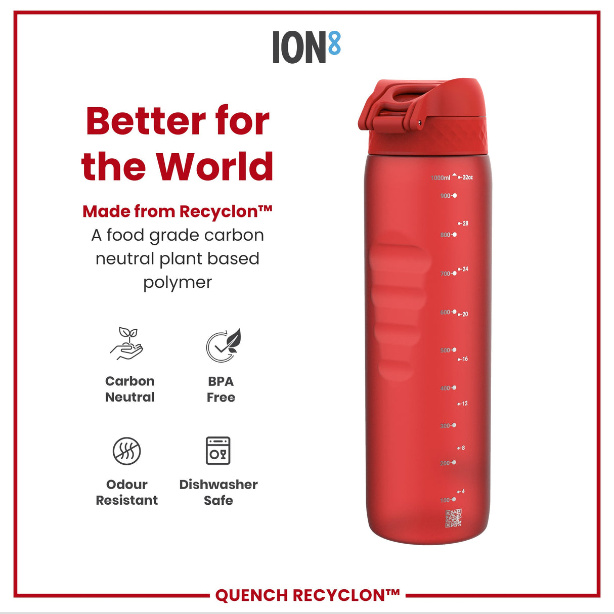 ION8 Leak Proof 1 litre Water Bottle, Recyclon, Red, 1L