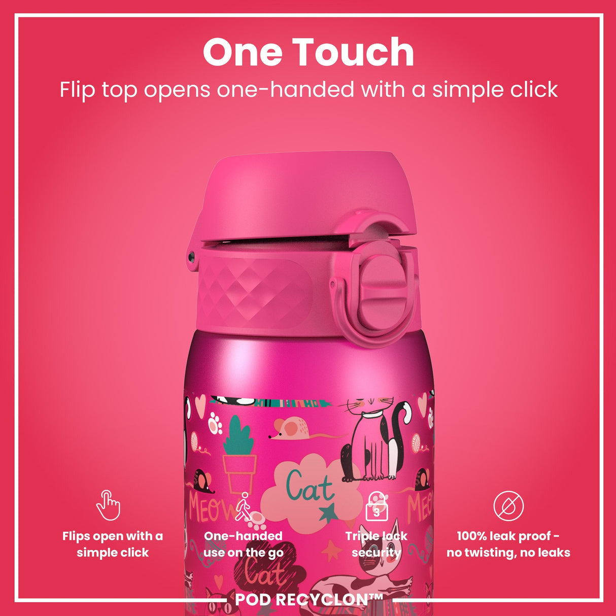ION8 Leak Proof Kids Water Bottle, Recyclon, Kittens, 350ml (12oz)
