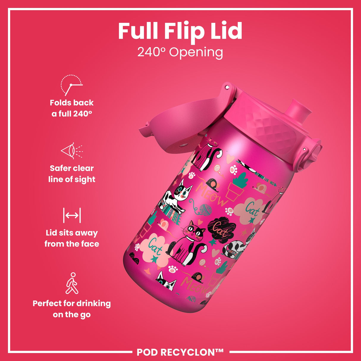 ION8 Leak Proof Kids Water Bottle, Recyclon, Kittens, 350ml (12oz)
