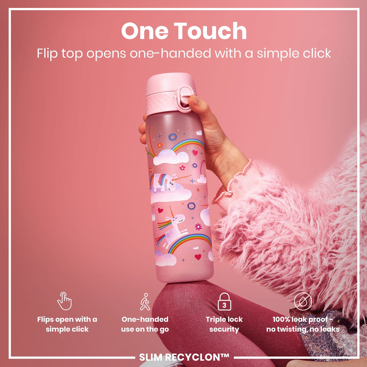 ION8 Leak Proof Slim Water Bottle, Recyclon, Unicorn Rainbows, 500ml (18oz)
