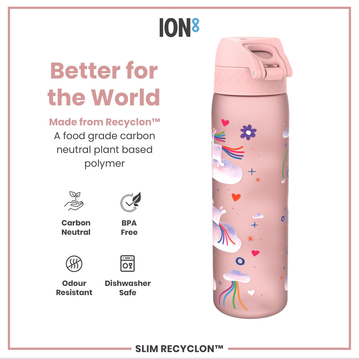 ION8 Leak Proof Slim Water Bottle, Recyclon, Unicorn Rainbows, 500ml (18oz)