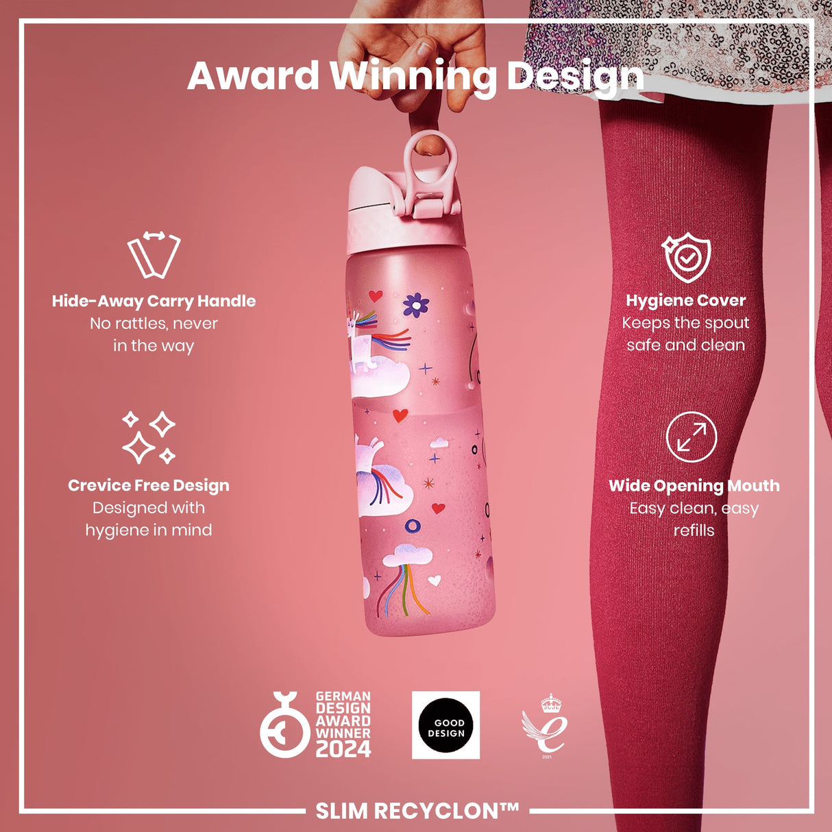 ION8 Leak Proof Slim Water Bottle, Recyclon, Unicorn Rainbows, 500ml (18oz)