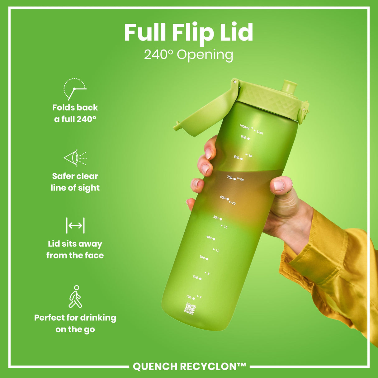 ION8 Leak Proof 1 litre Water Bottle, Recyclon, Green, 1L