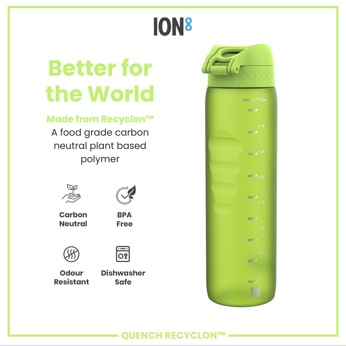 ION8 Leak Proof 1 litre Water Bottle, Recyclon, Green, 1L