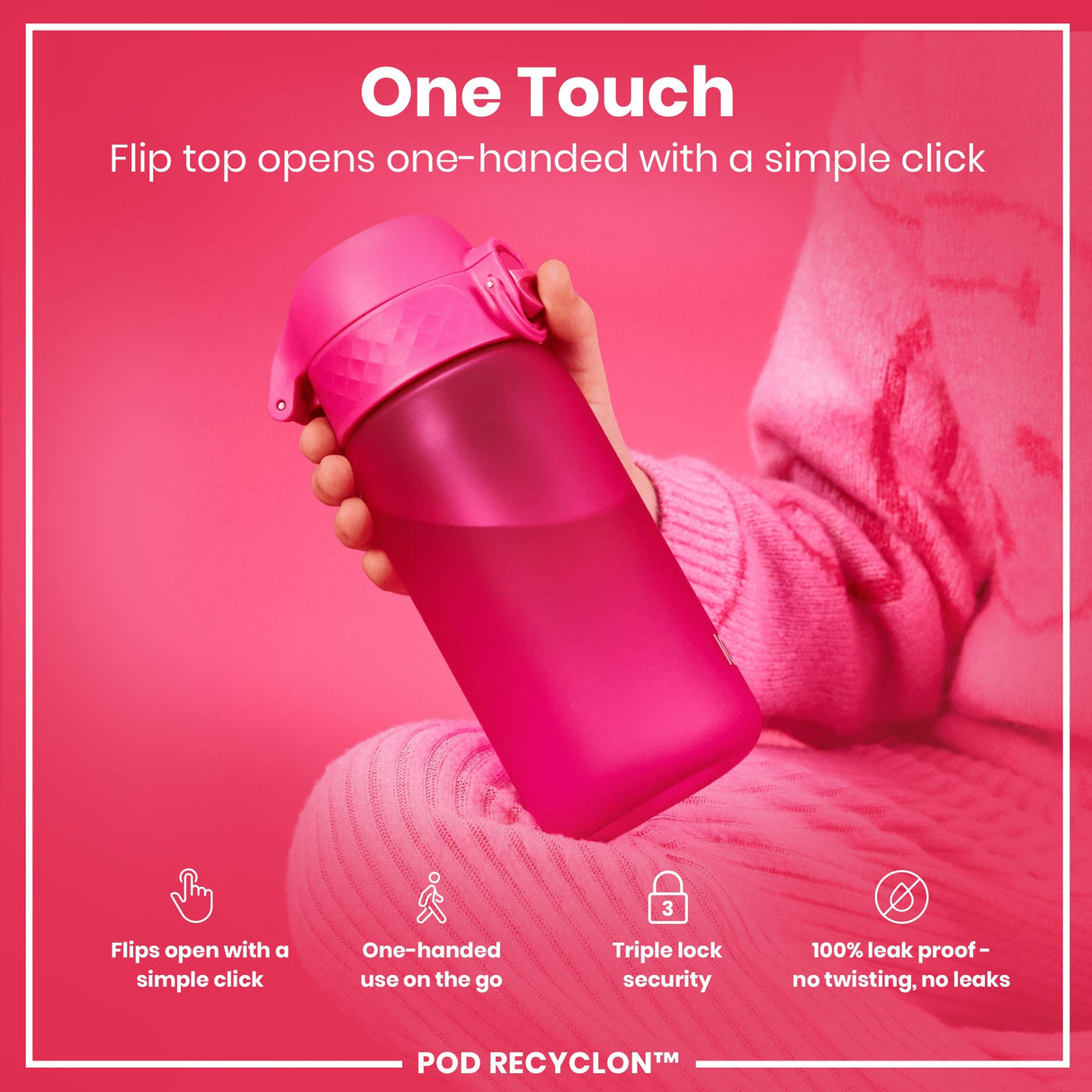 ION8 Leak Proof Kids Water Bottle, Recyclon, Pink, 350ml (12oz)