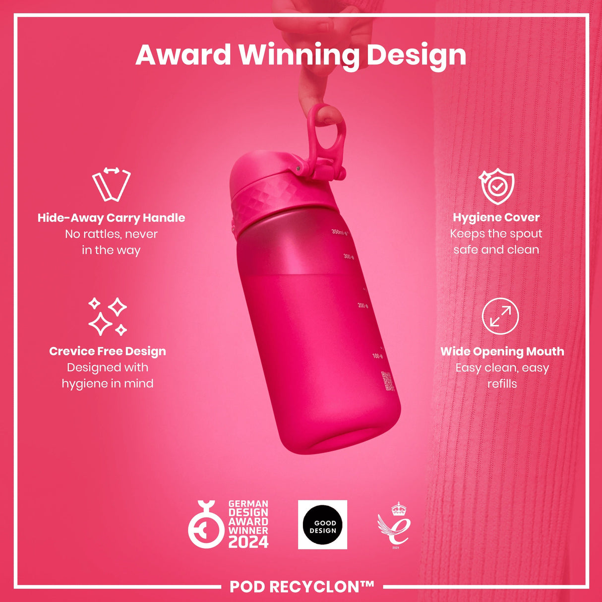 ION8 Leak Proof Kids Water Bottle, Recyclon, Pink, 350ml (12oz)