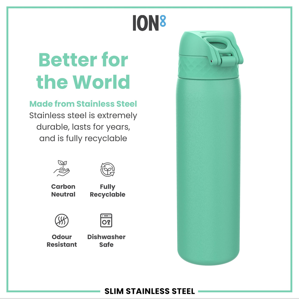ION8 Leak Proof Slim Water Bottle, Stainless Steel, Teal, 600ml (20oz)