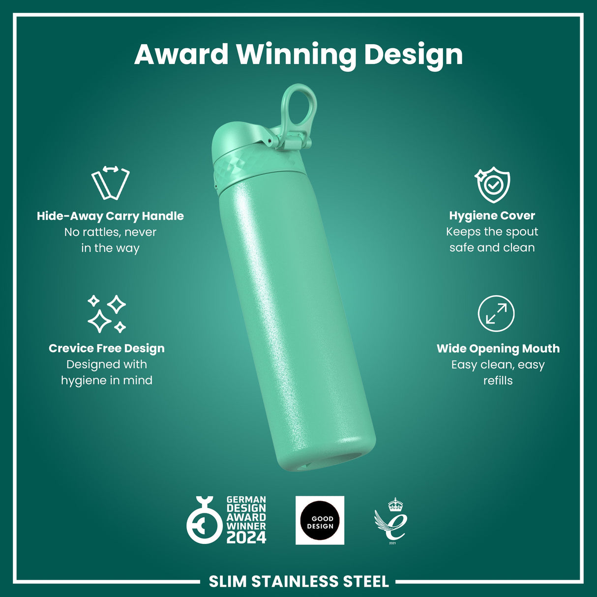 ION8 Leak Proof Slim Water Bottle, Stainless Steel, Teal, 600ml (20oz)