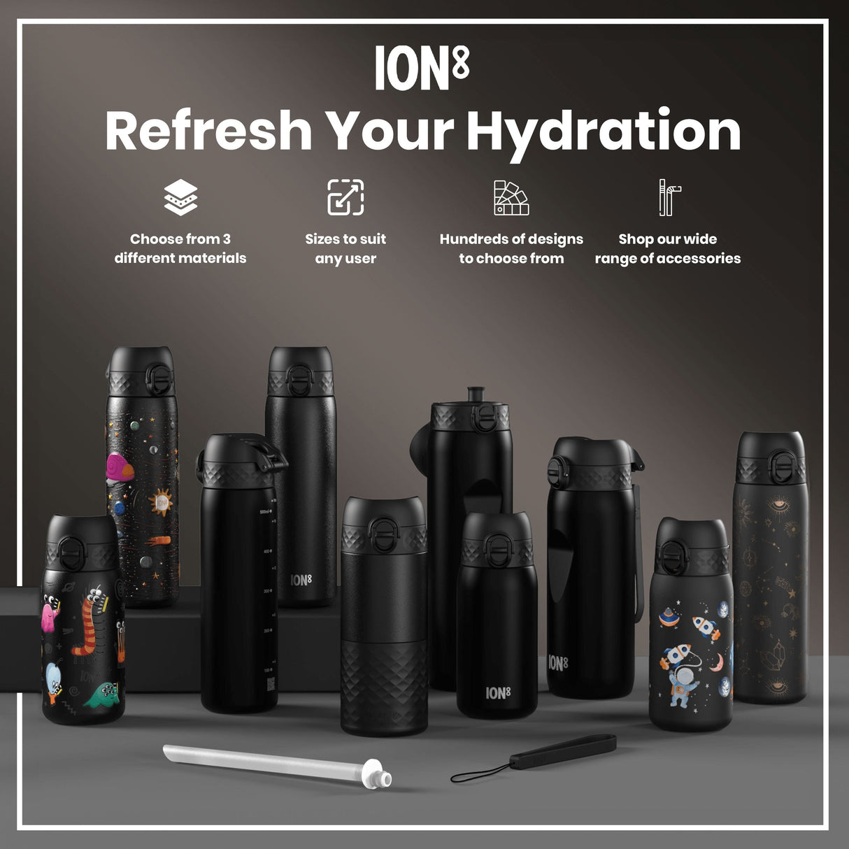 ION8 Leak Proof Kids Water Bottle, Recyclon, Black, 350ml (12oz)