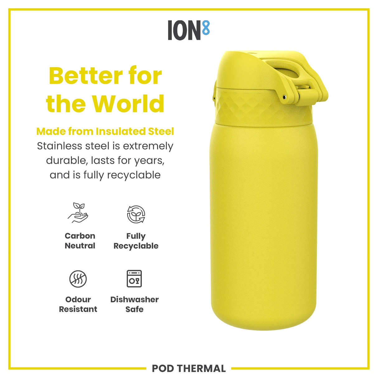 ION8 Leak Proof Thermal Water Bottle, Insulated Steel, Yellow, 320ml (11oz)