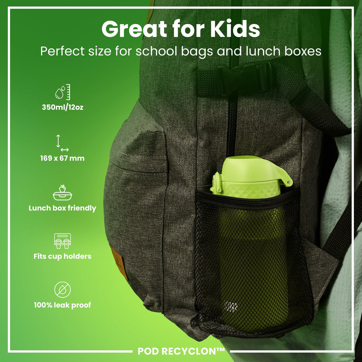 ION8 Leak Proof Kids Water Bottle, Recyclon, Green, 350ml (12oz)