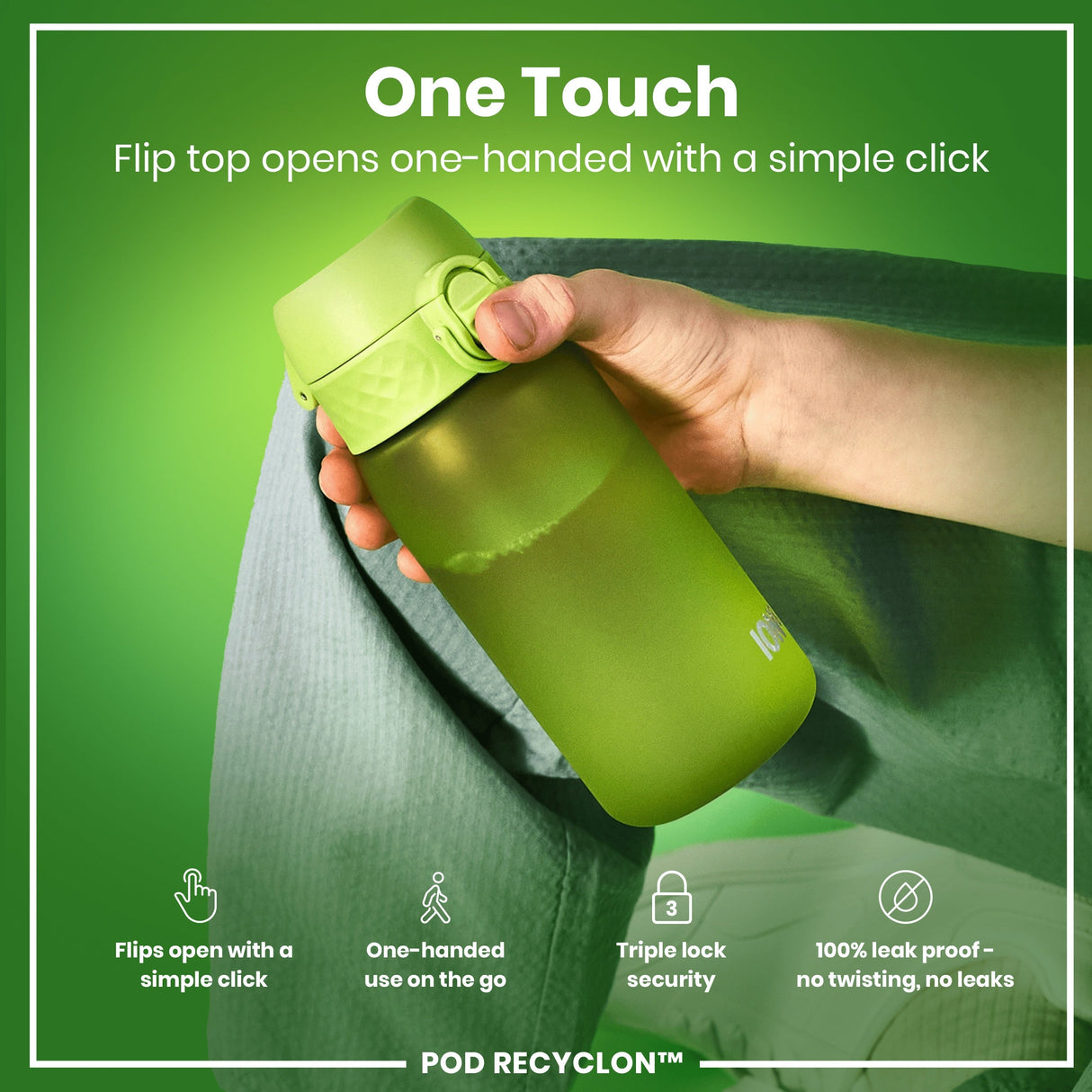 ION8 Leak Proof Kids Water Bottle, Recyclon, Green, 350ml (12oz)