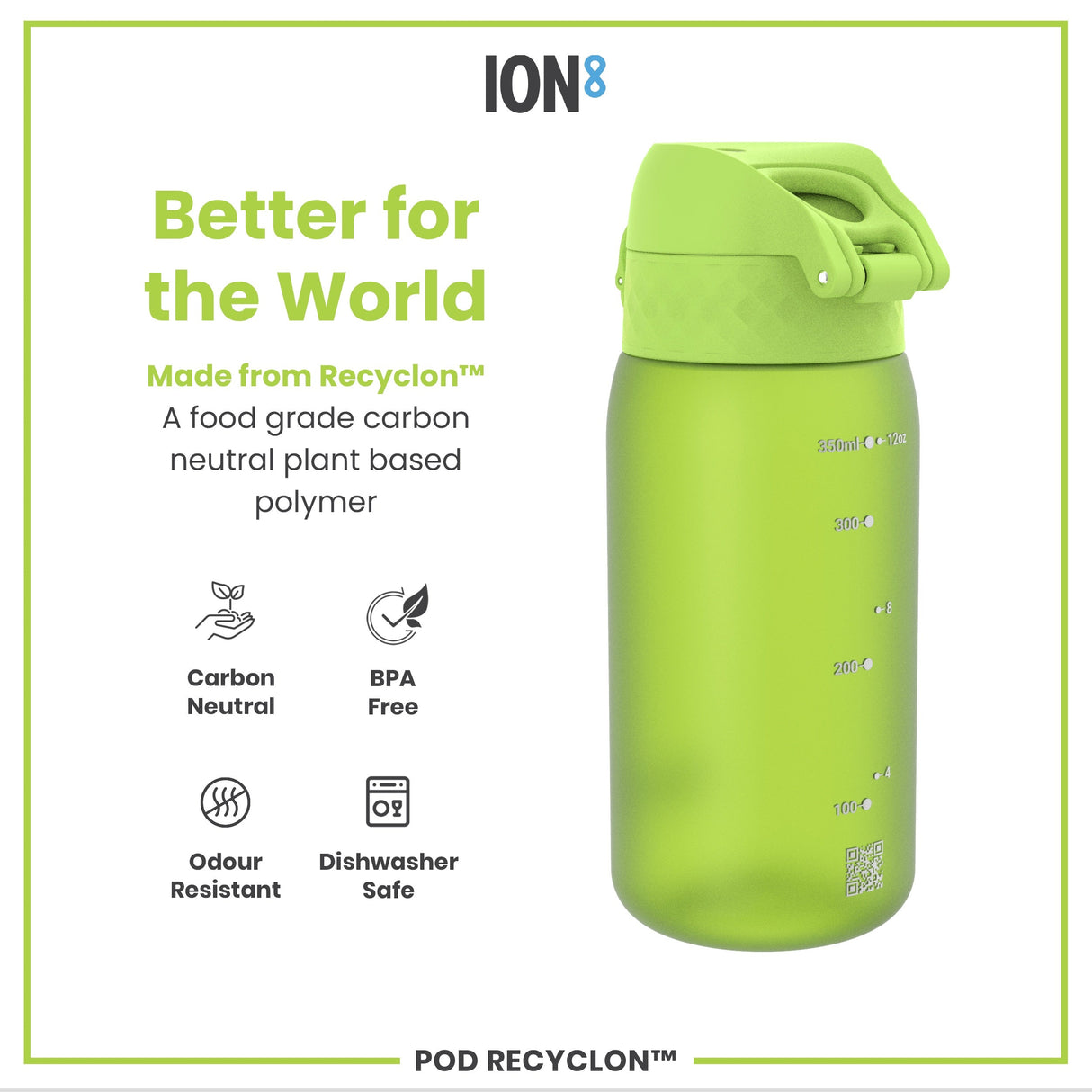ION8 Leak Proof Kids Water Bottle, Recyclon, Green, 350ml (12oz)