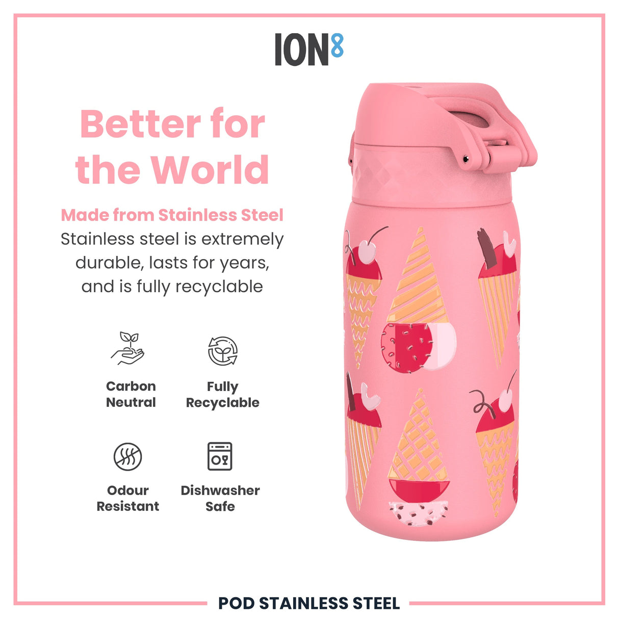 ION8 Leak Proof Kids Water Bottle, Stainless Steel, Ice Creams, 400ml (13oz)