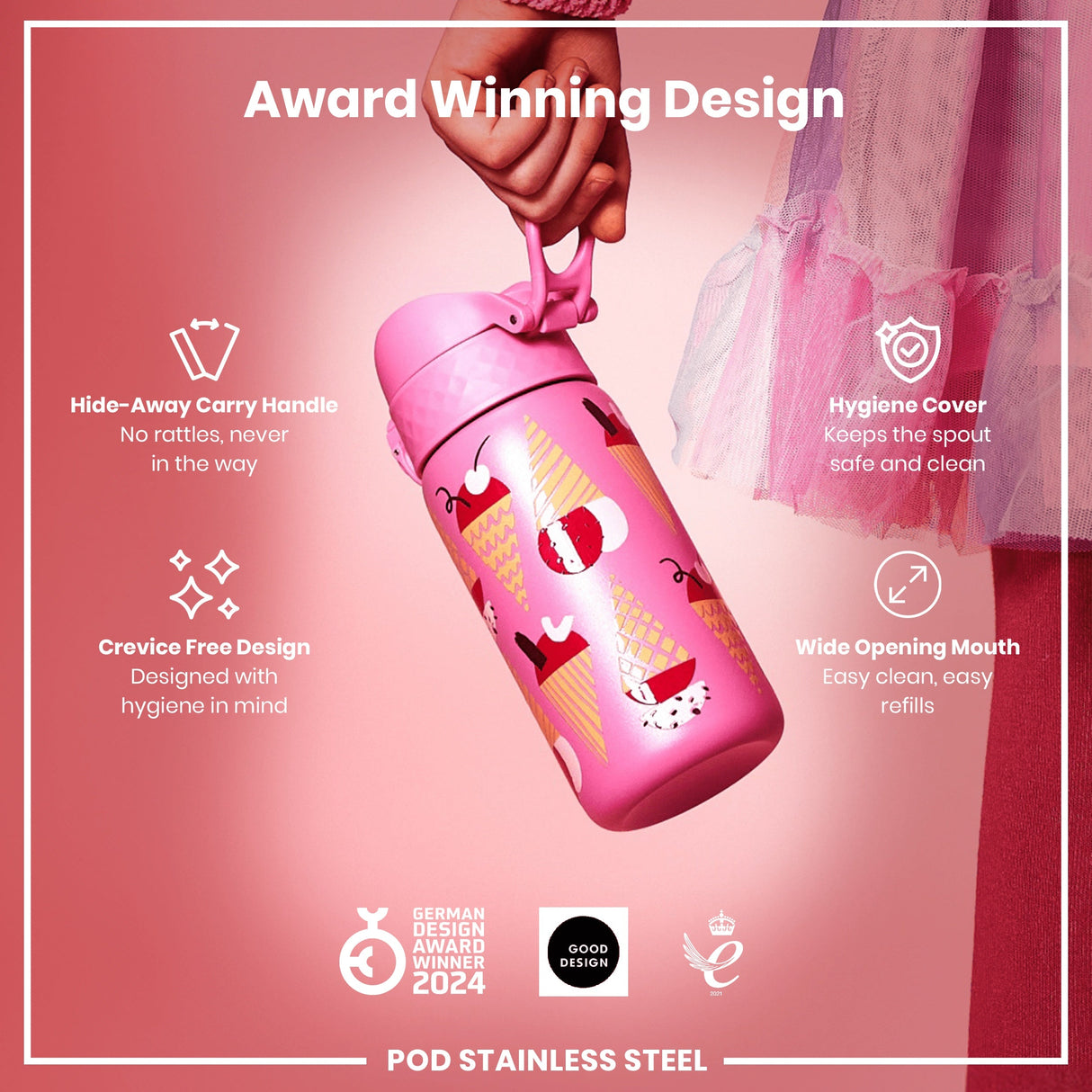 ION8 Leak Proof Kids Water Bottle, Stainless Steel, Ice Creams, 400ml (13oz)