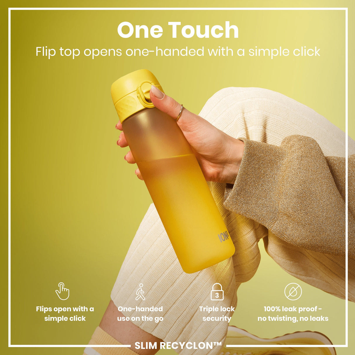 ION8 Leak Proof Slim Water Bottle, Recyclon, Yellow, 500ml (18oz)