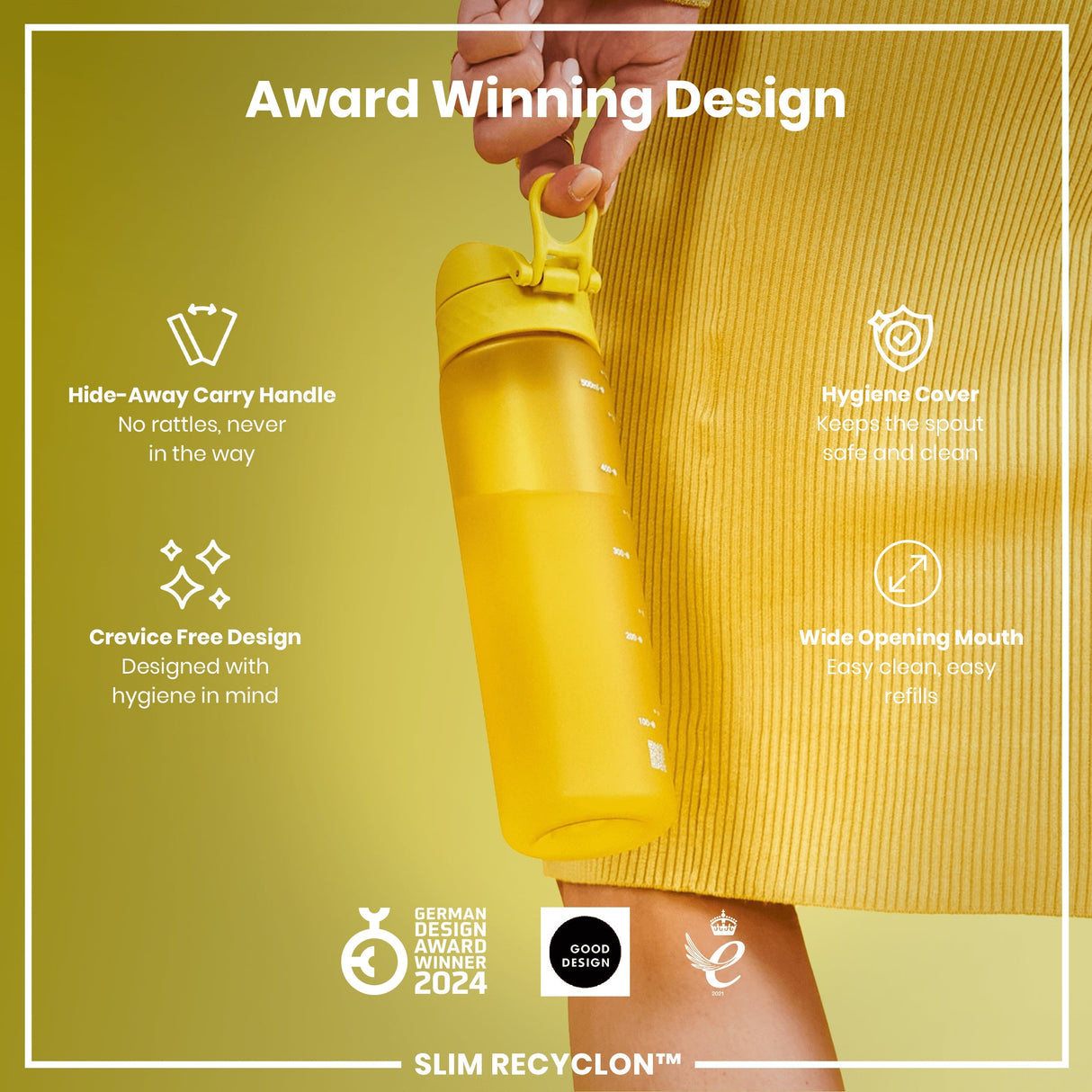 ION8 Leak Proof Slim Water Bottle, Recyclon, Yellow, 500ml (18oz)