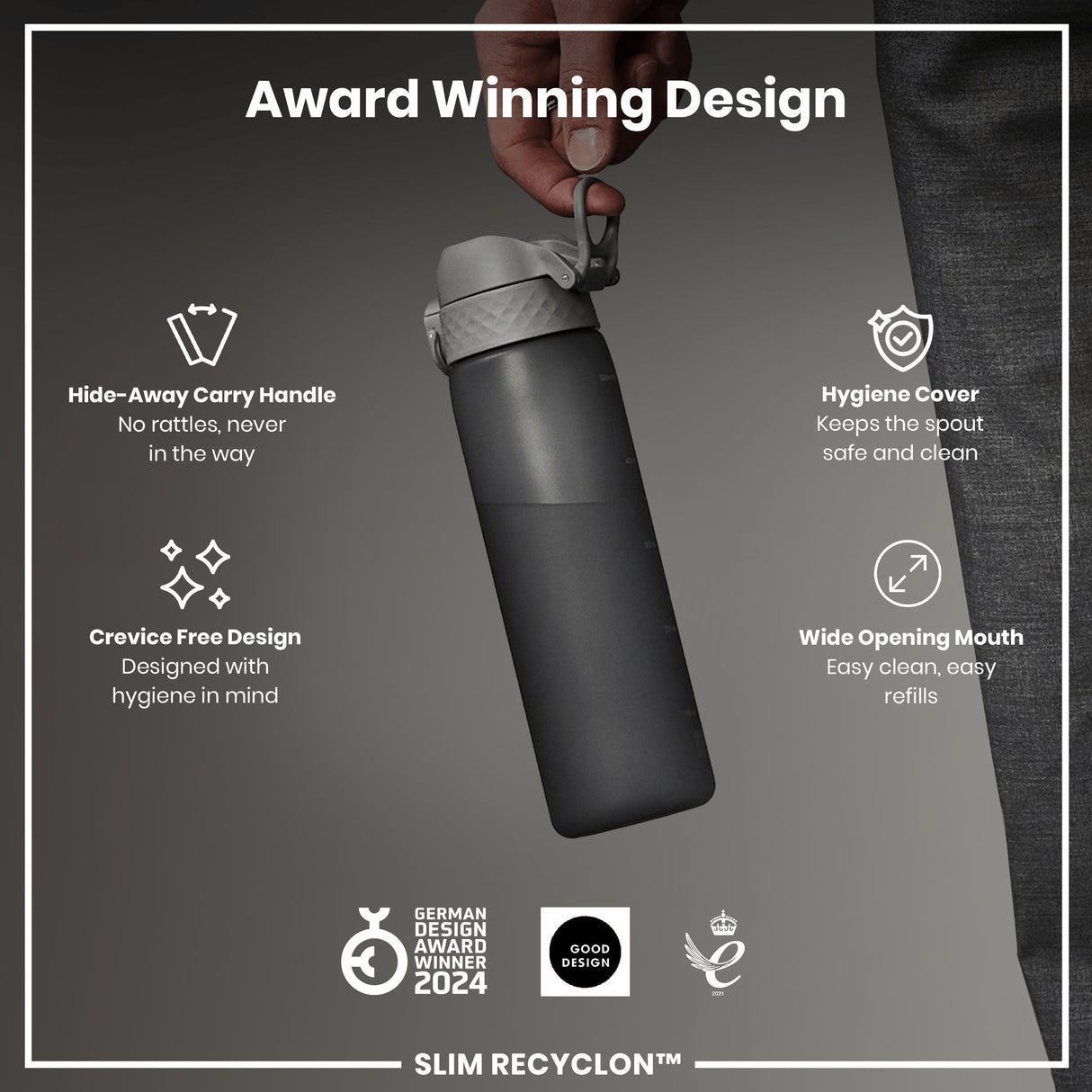 ION8 Leak Proof Slim Water Bottle, Recyclon, Grey, 500ml (18oz)