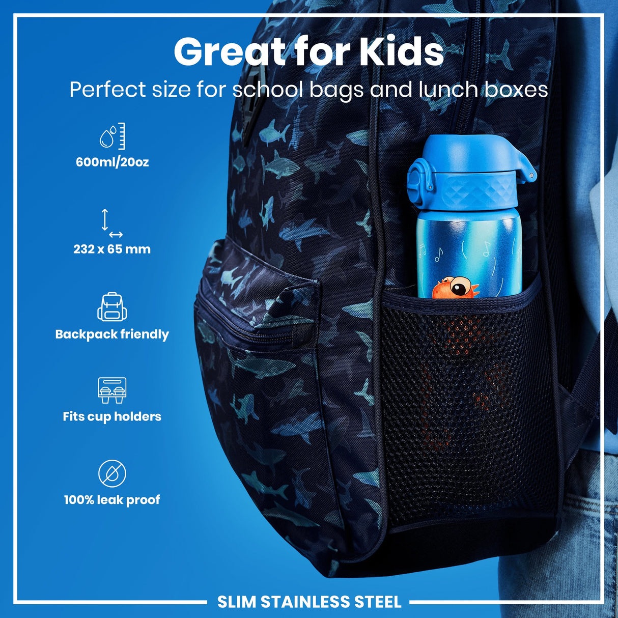 ION8 Leak Proof Slim Water Bottle, Stainless Steel, Dino Band, 600ml (20oz)