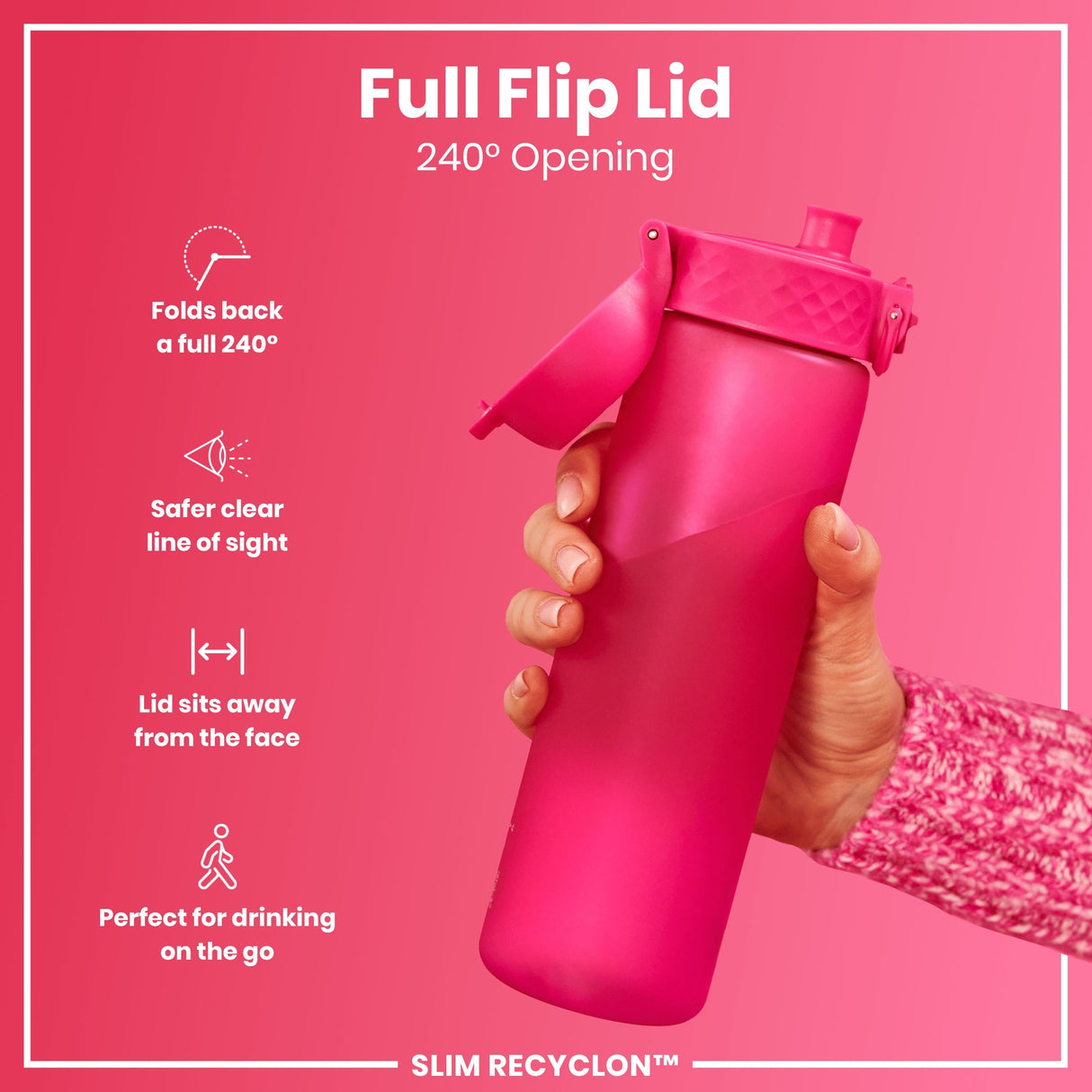 ION8 Leak Proof Slim Water Bottle, Recyclon, Pink, 500ml (18oz)