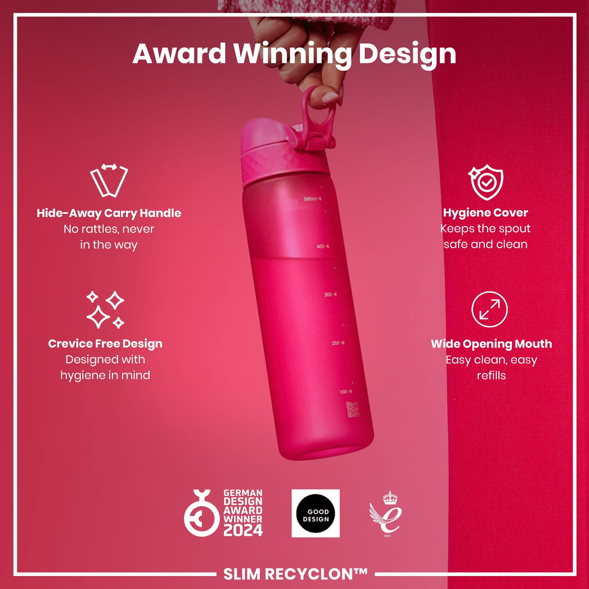 ION8 Leak Proof Slim Water Bottle, Recyclon, Pink, 500ml (18oz)