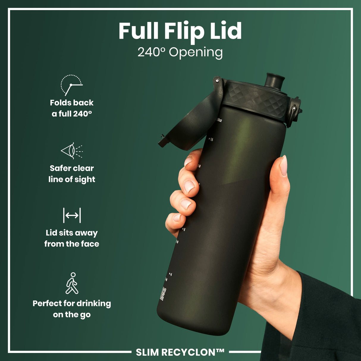 ION8 Leak Proof Slim Water Bottle, Recyclon, Dark Green, 500ml (18oz)