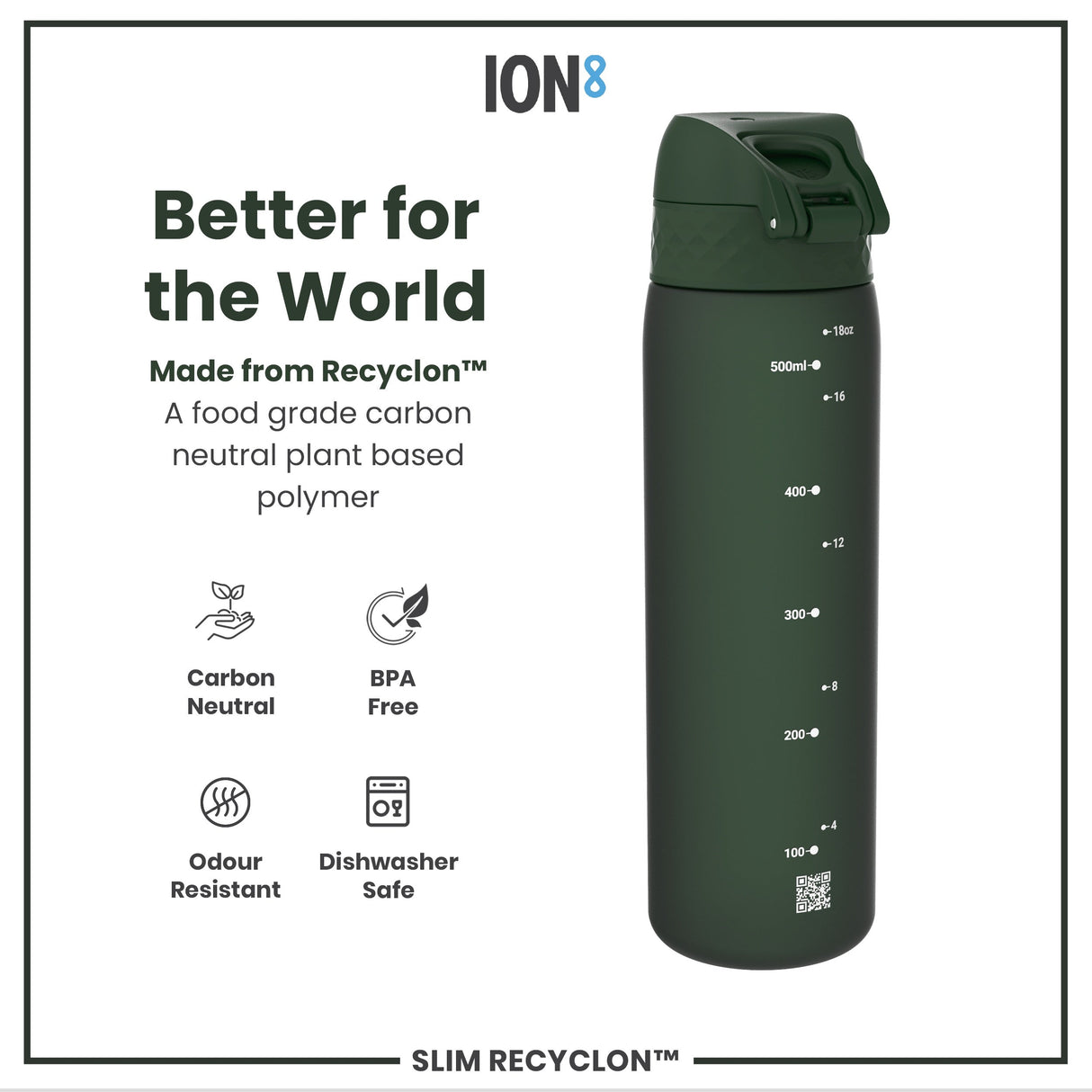 ION8 Leak Proof Slim Water Bottle, Recyclon, Dark Green, 500ml (18oz)