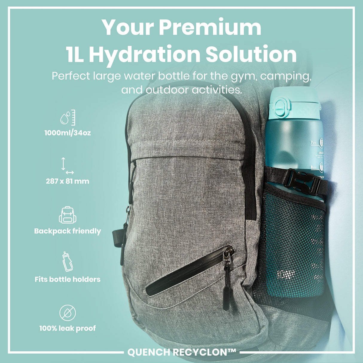 ION8 Leak Proof 1 Litre Water Bottle with Times to Drink, Recyclon, Sonic Blue, 1L