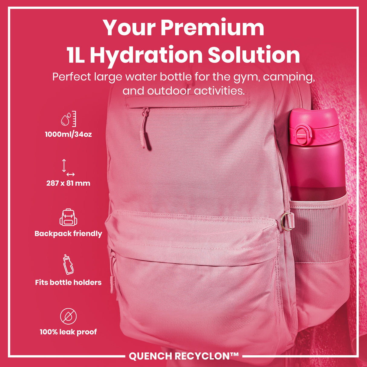 ION8 Leak Proof 1 litre Water Bottle, Recyclon, Pink, 1L