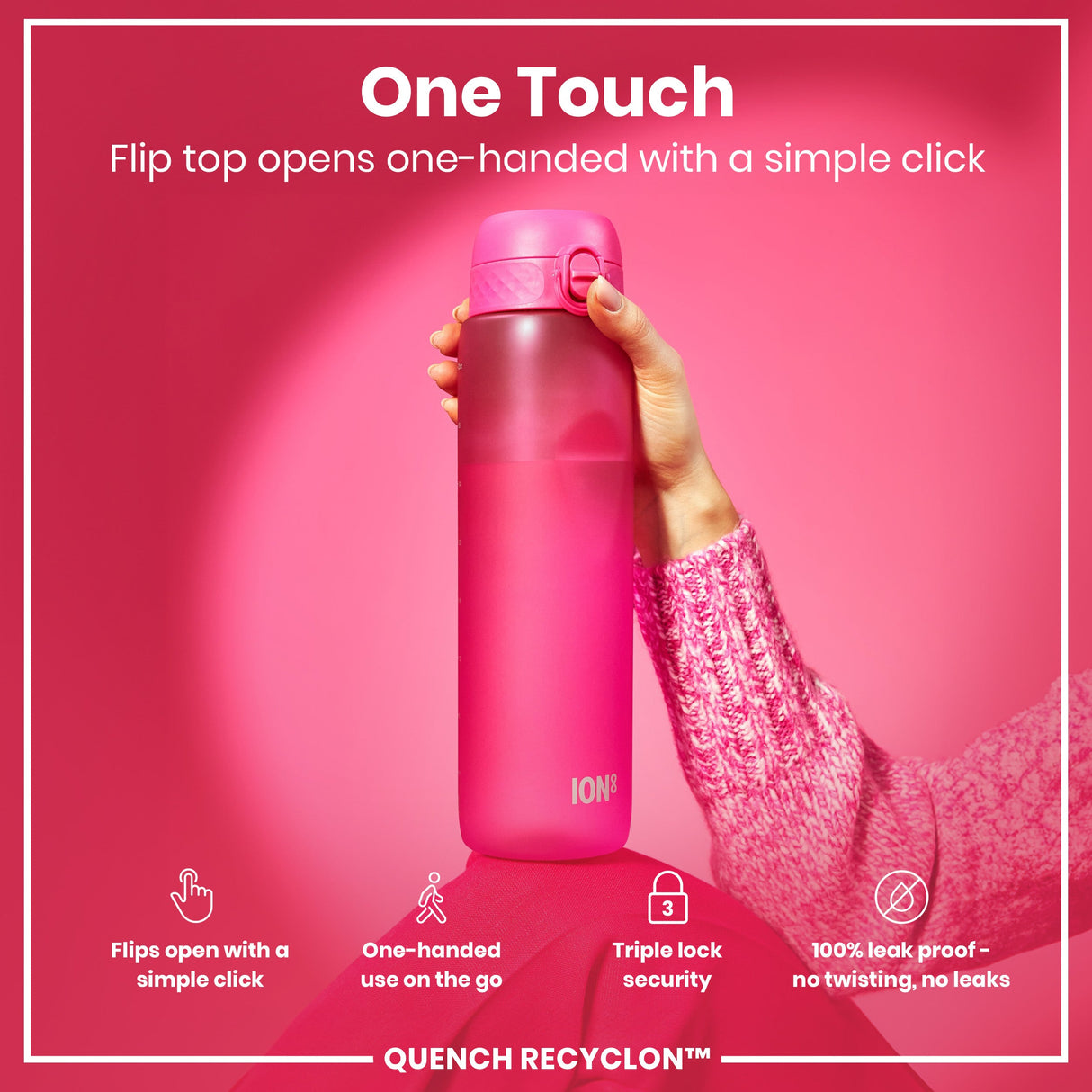 ION8 Leak Proof 1 litre Water Bottle, Recyclon, Pink, 1L
