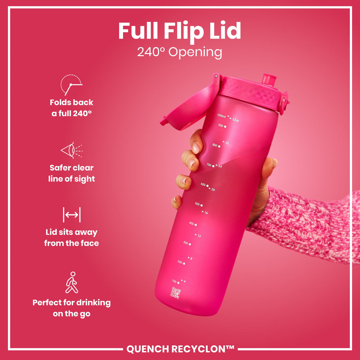 ION8 Leak Proof 1 litre Water Bottle, Recyclon, Pink, 1L