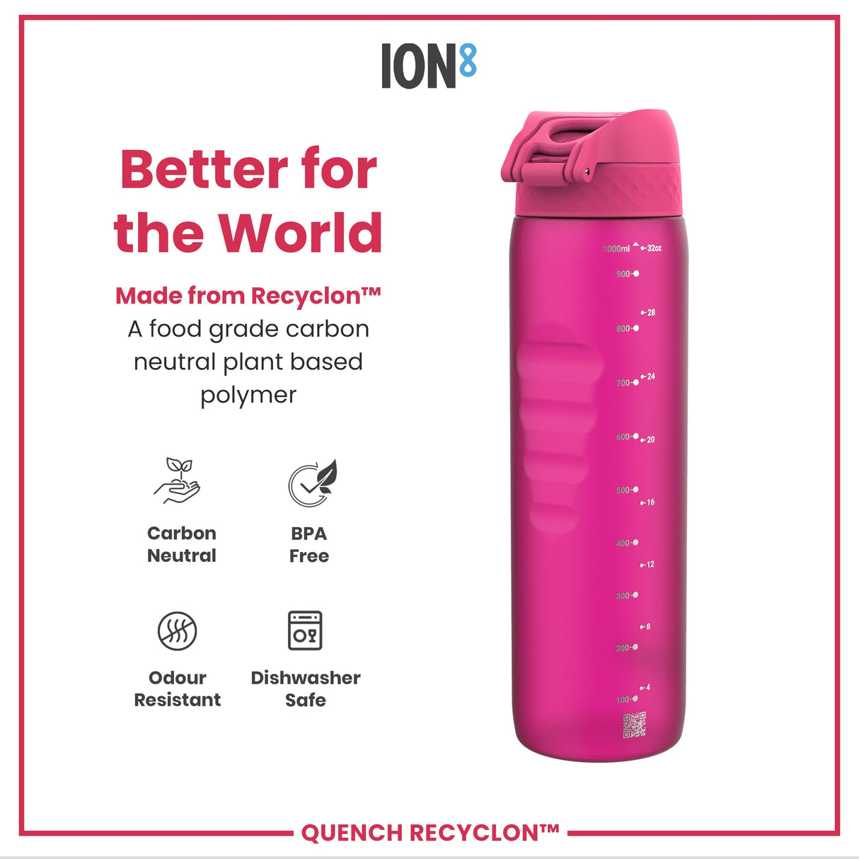 ION8 Leak Proof 1 litre Water Bottle, Recyclon, Pink, 1L