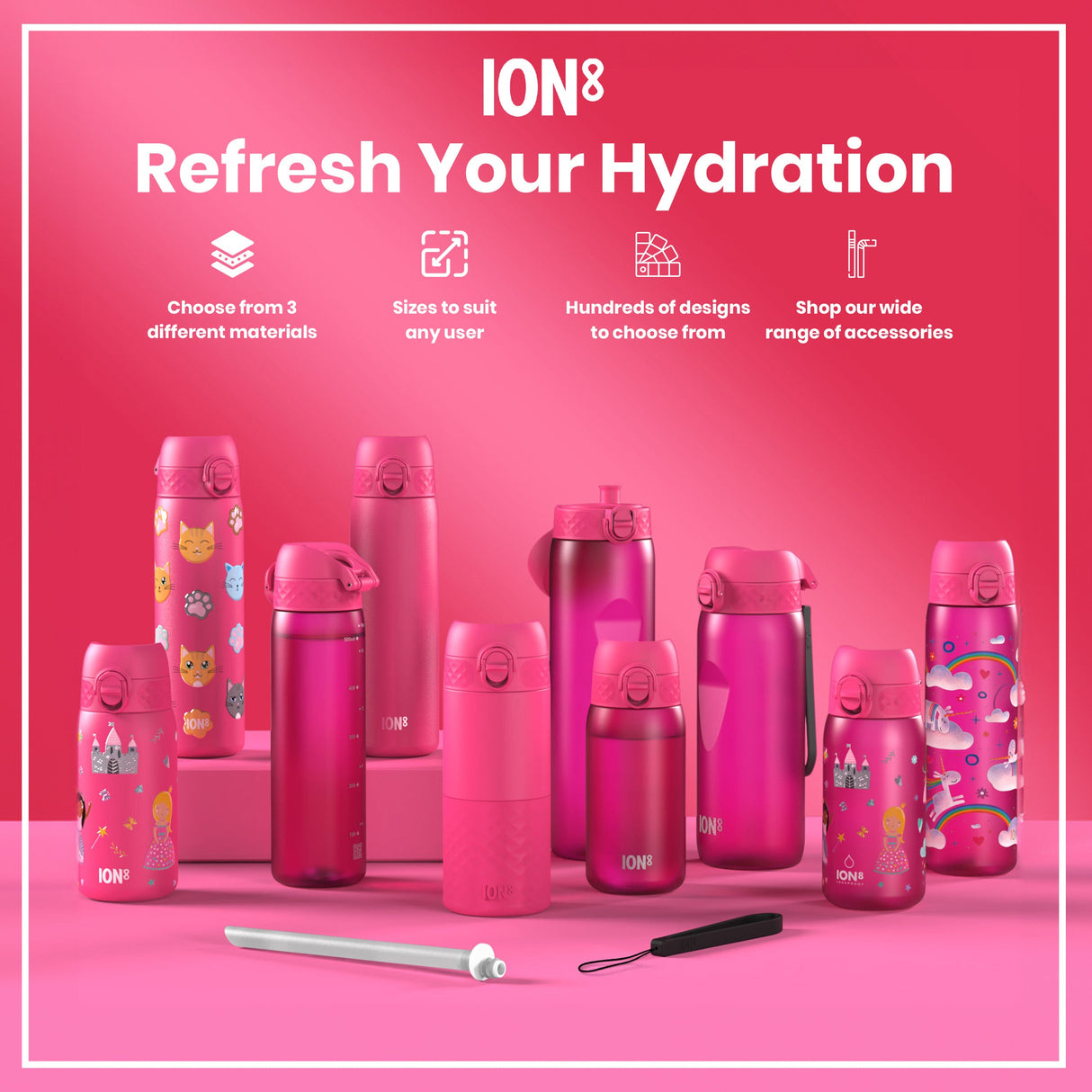 ION8 Leak Proof 1 litre Water Bottle, Recyclon, Pink, 1L