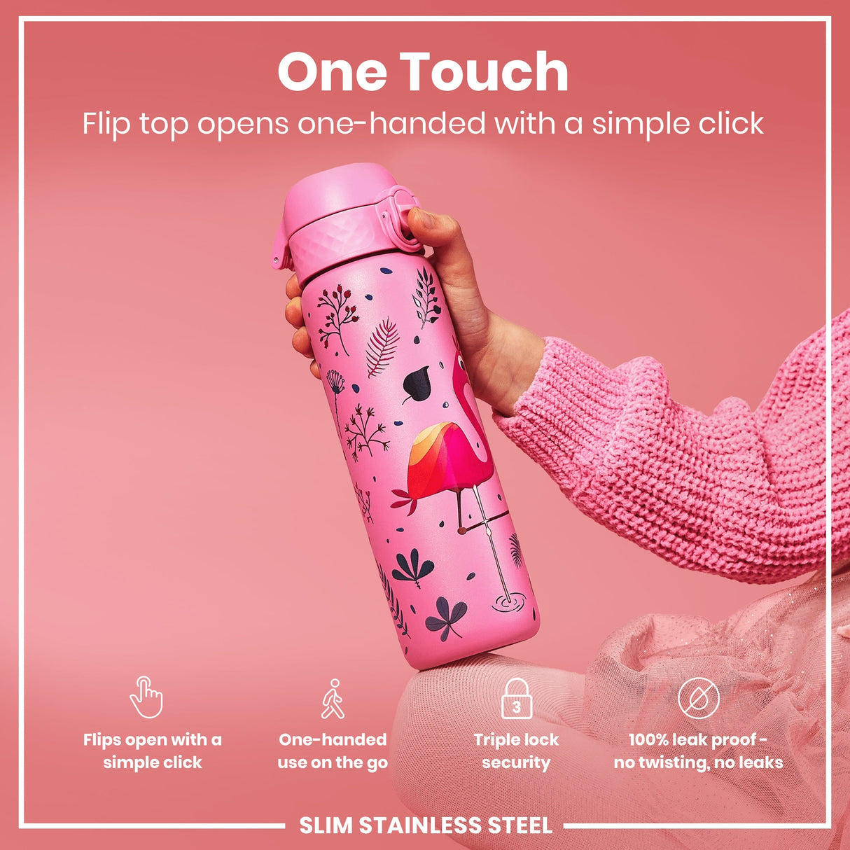 ION8 Leak Proof Slim Water Bottle, Stainless Steel, Flamingo, 600ml (20oz)