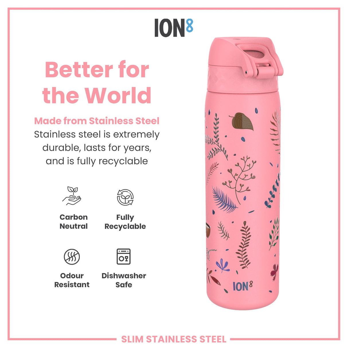 ION8 Leak Proof Slim Water Bottle, Stainless Steel, Flamingo, 600ml (20oz)