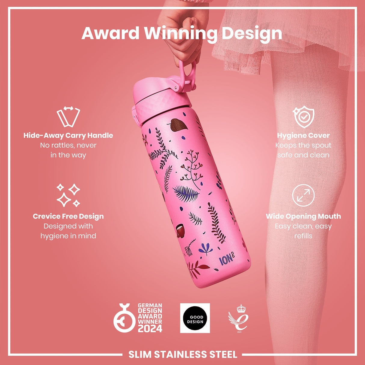 ION8 Leak Proof Slim Water Bottle, Stainless Steel, Flamingo, 600ml (20oz)