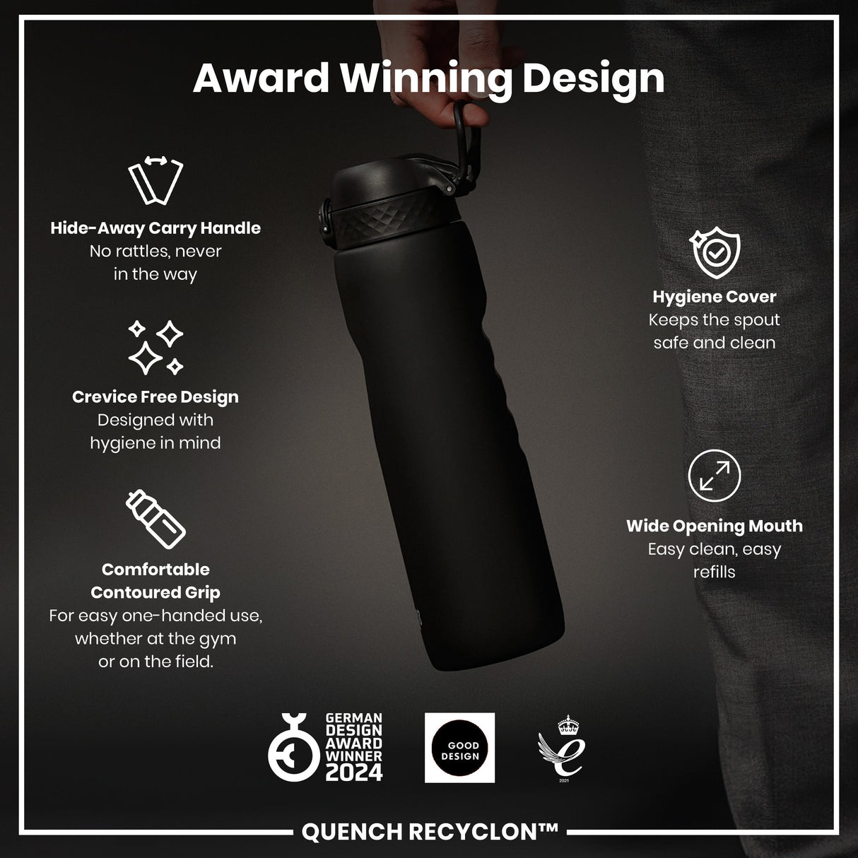 ION8 Leak Proof 1 litre Water Bottle, Recyclon, Black, 1L