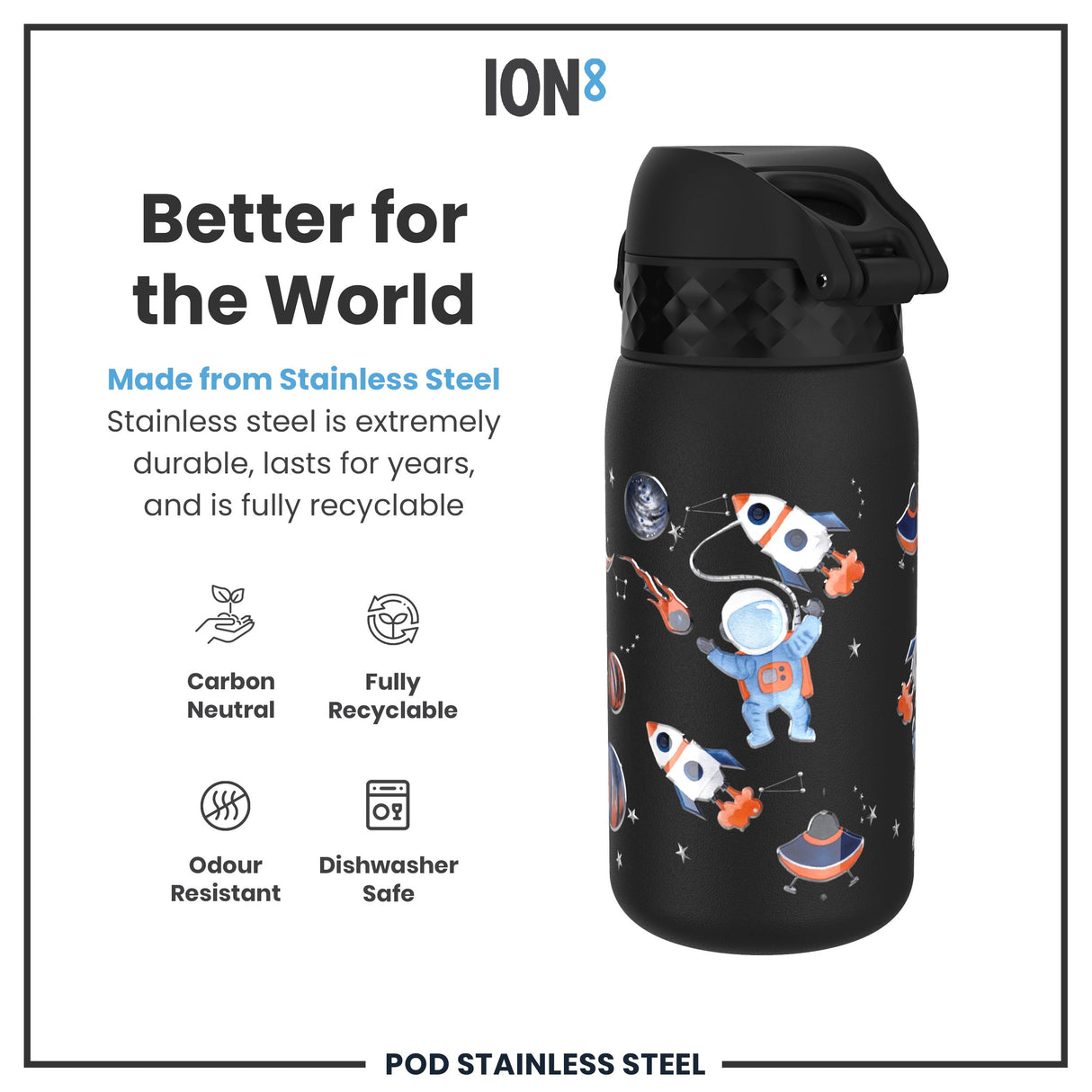 ION8 Leak Proof Kids Water Bottle, Stainless Steel, Space, 400ml (13oz)