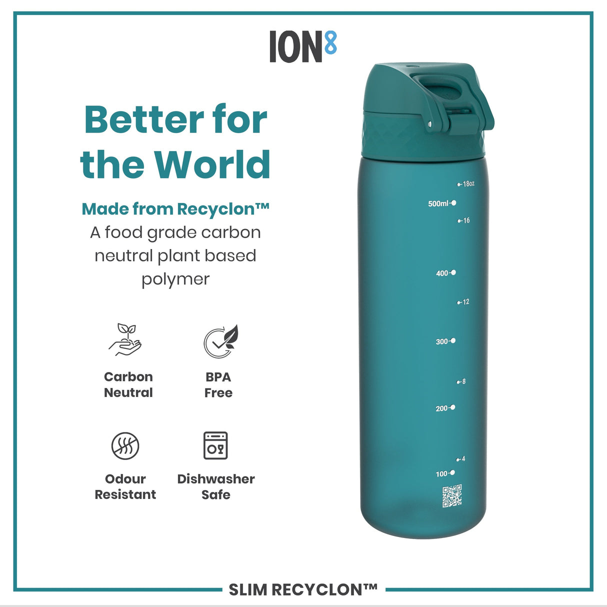 ION8 Leak Proof Slim Water Bottle, Recyclon, Aqua, 500ml (18oz)