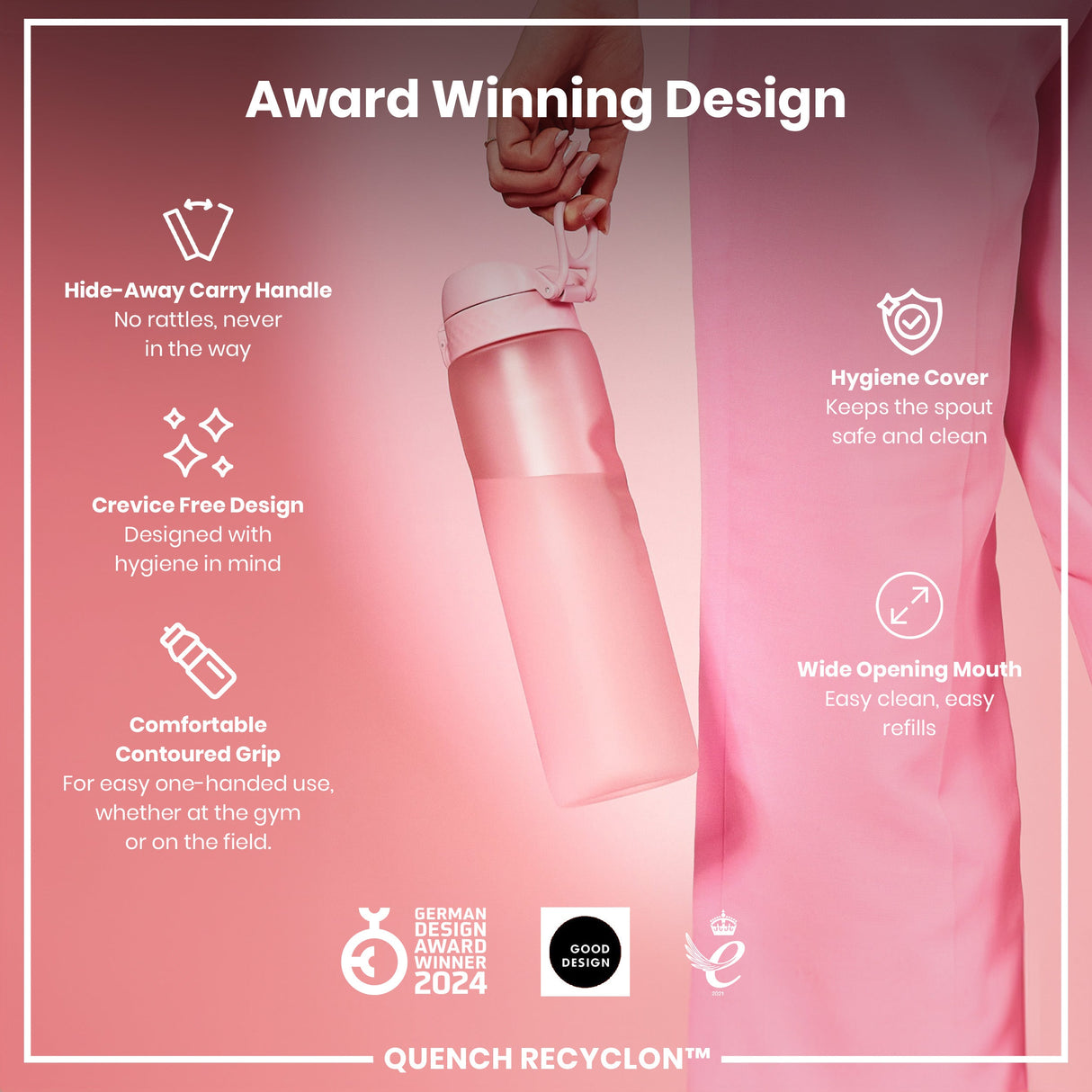 ION8 Leak Proof 1 litre Water Bottle, Recyclon, Rose Quartz, 1L