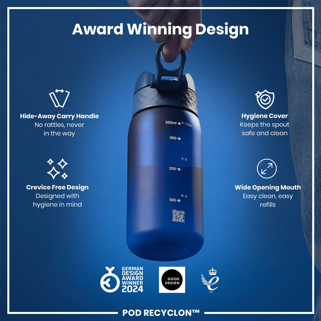 ION8 Leak Proof Kids Water Bottle, Recyclon, Navy, 350ml (12oz)