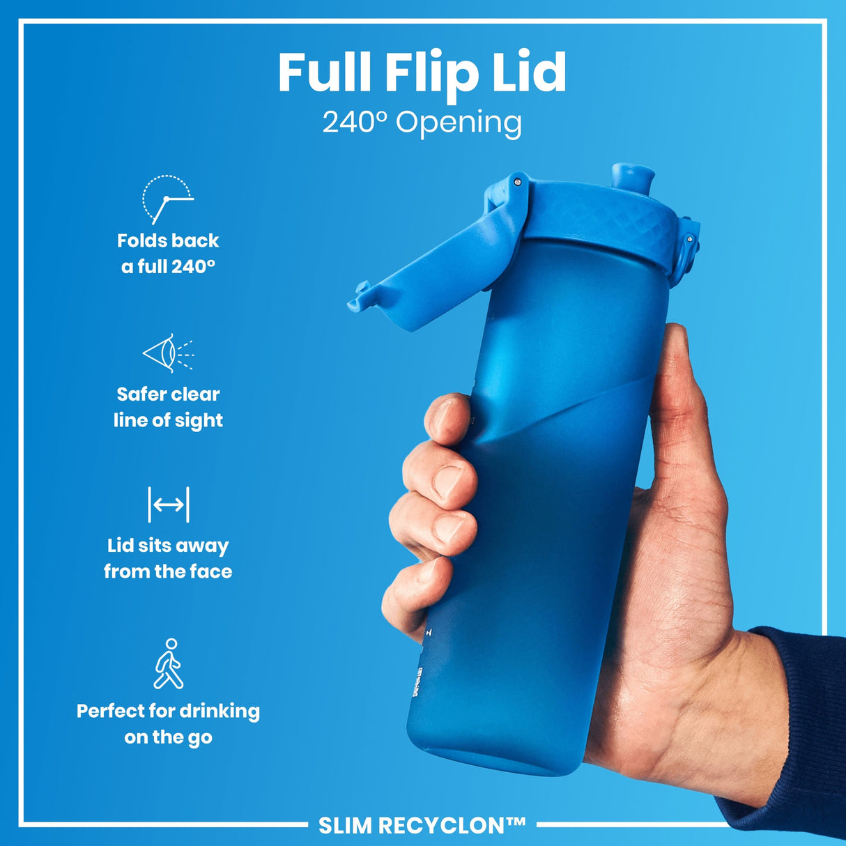 ION8 Leak Proof Slim Water Bottle, Recyclon, Blue, 500ml (18oz)