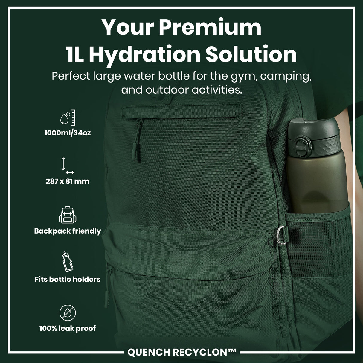 ION8 Leak Proof 1 litre Water Bottle, Recyclon, Dark Green, 1L