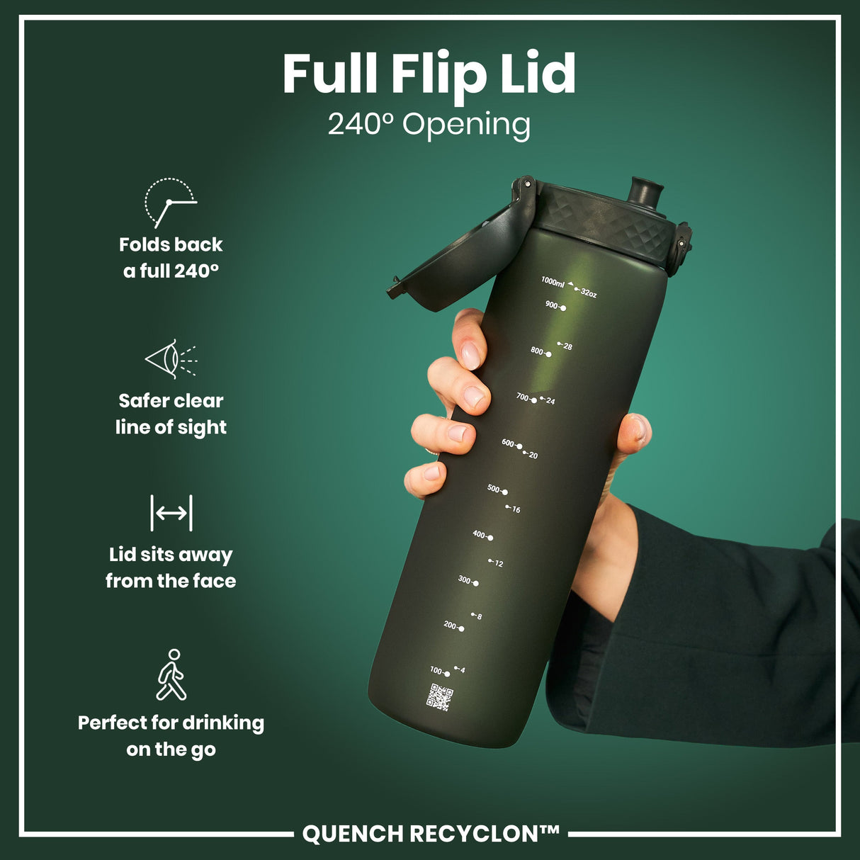 ION8 Leak Proof 1 litre Water Bottle, Recyclon, Dark Green, 1L