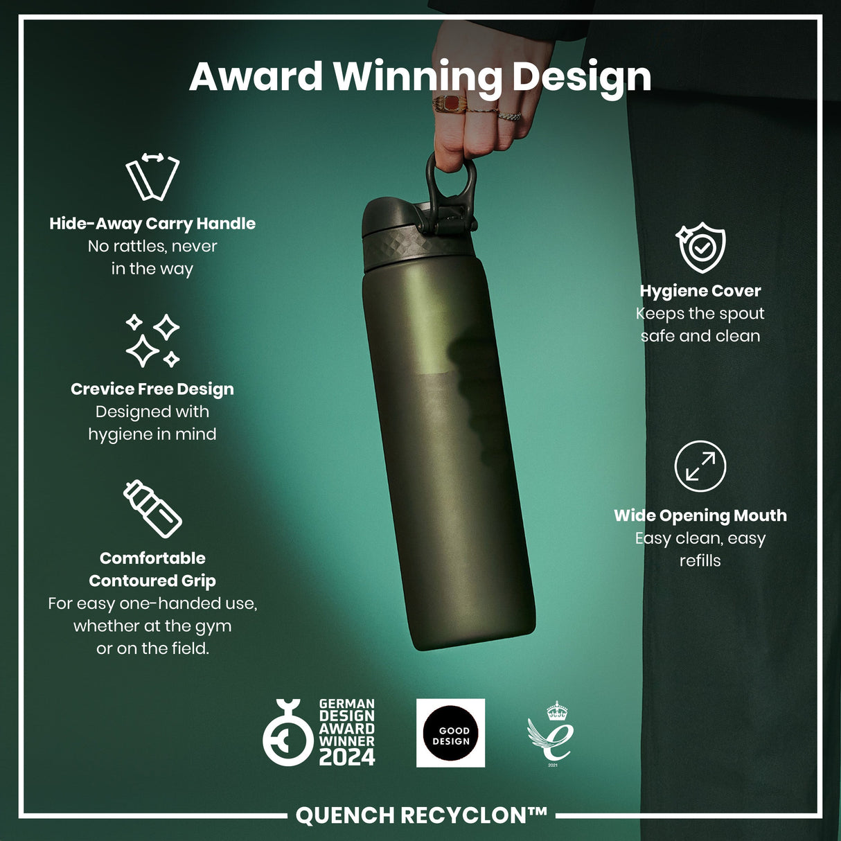 ION8 Leak Proof 1 litre Water Bottle, Recyclon, Dark Green, 1L