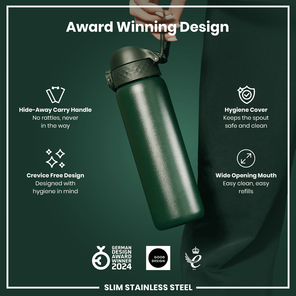 ION8 Leak Proof Slim Water Bottle, Stainless Steel, Dark Green, 600ml (20oz)
