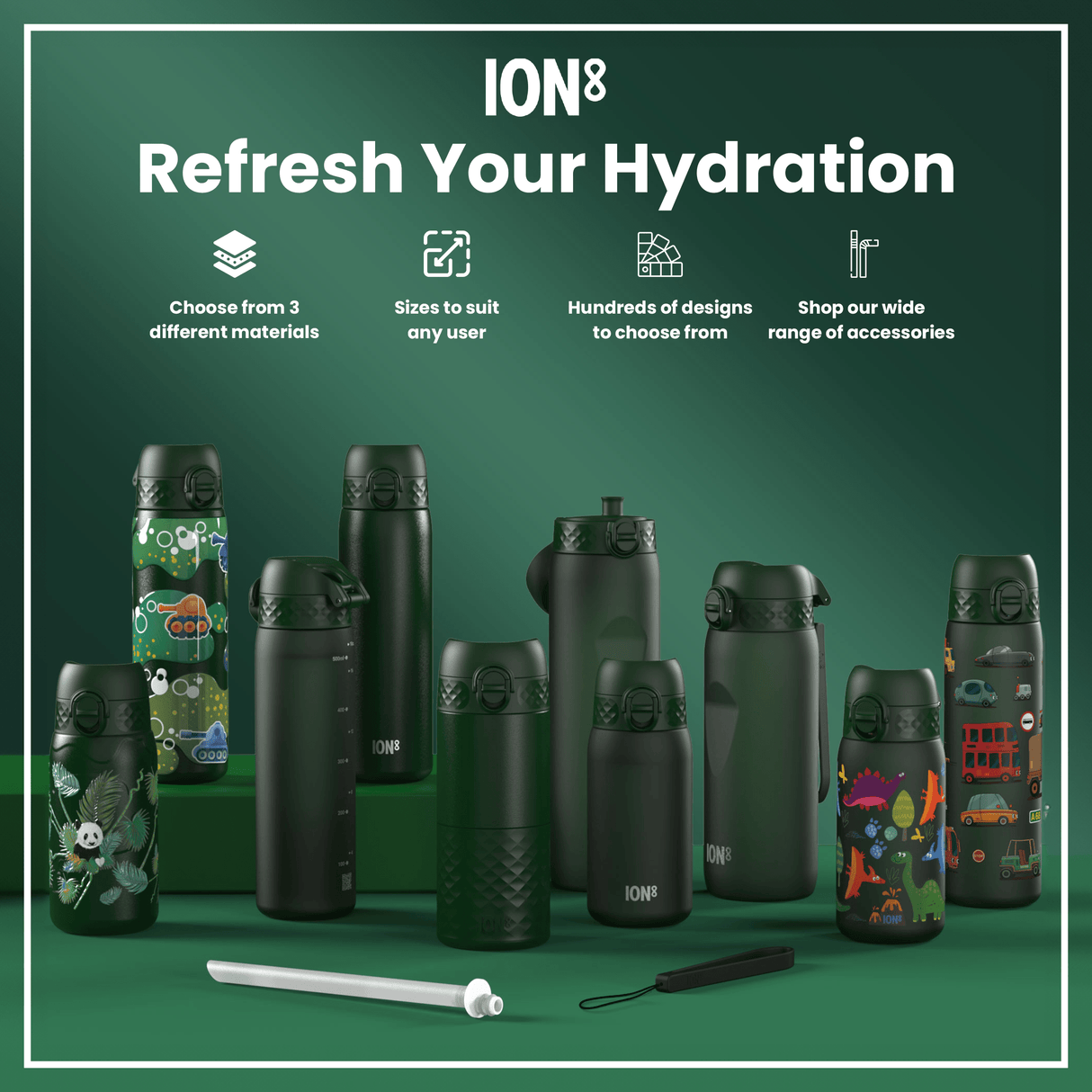 ION8 Leak Proof Slim Water Bottle, Stainless Steel, Dark Green, 600ml (20oz)