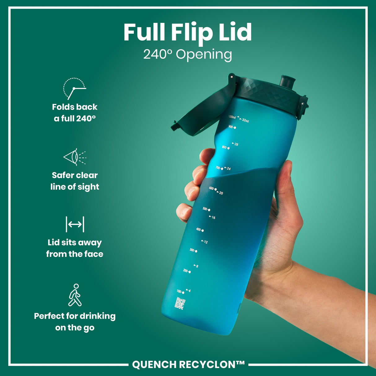ION8 Leak Proof 1 litre Water Bottle, Recyclon, Aqua, 1L