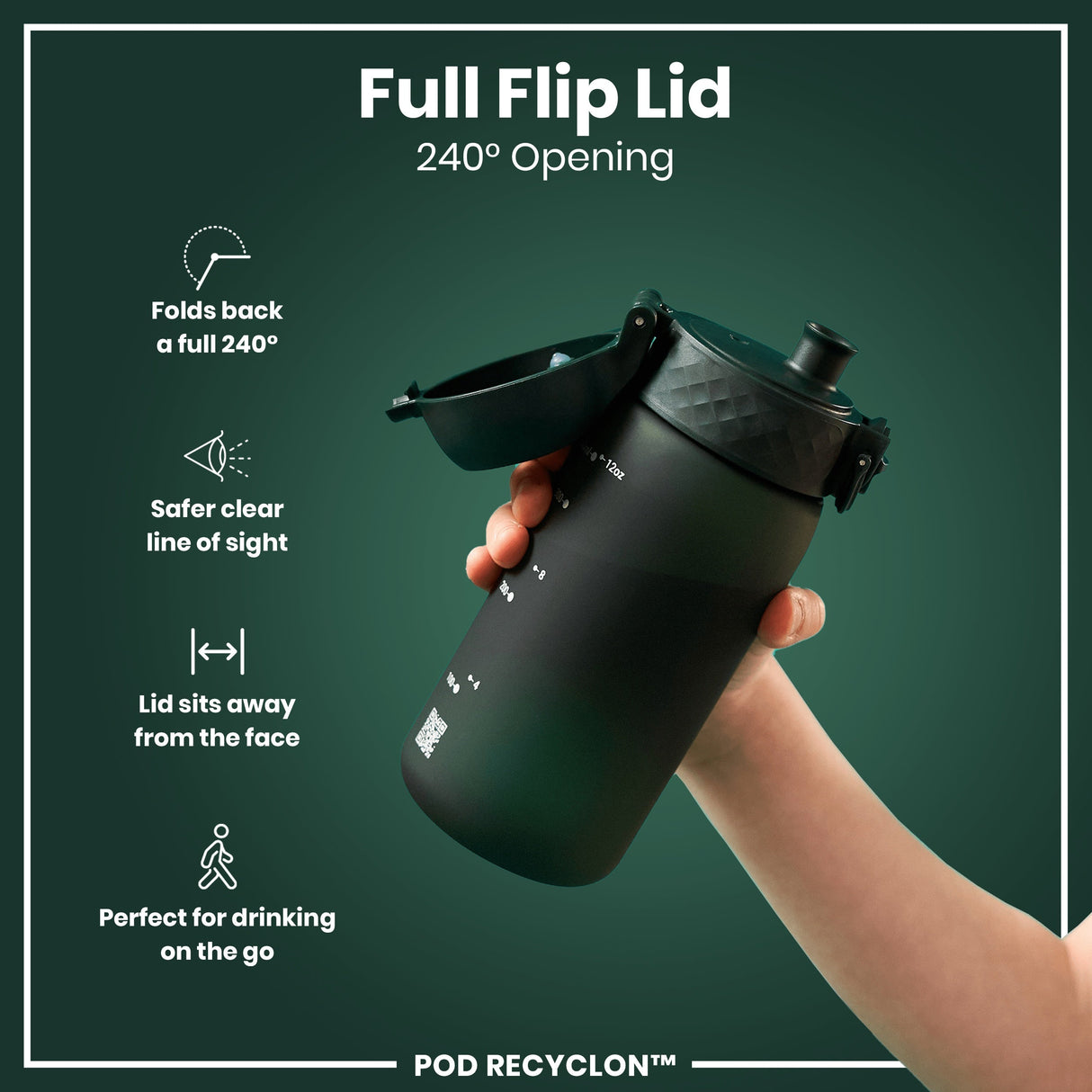 ION8 Leak Proof Kids Water Bottle, Recyclon, Dark Green, 350ml (12oz)