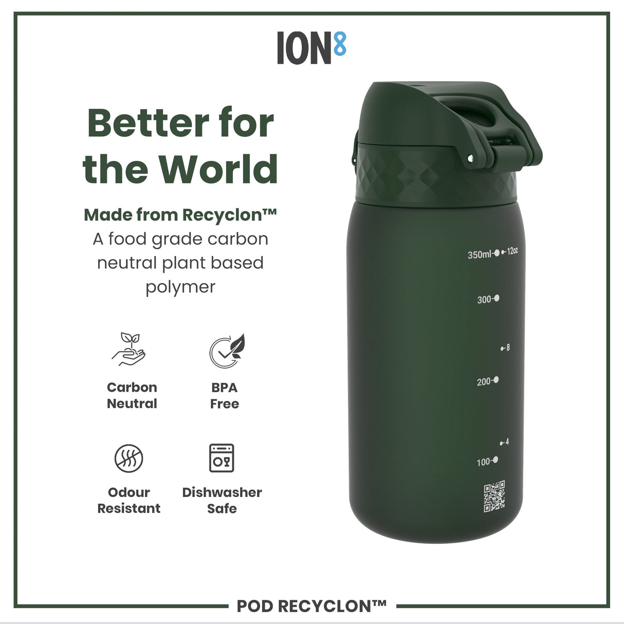 ION8 Leak Proof Kids Water Bottle, Recyclon, Dark Green, 350ml (12oz)